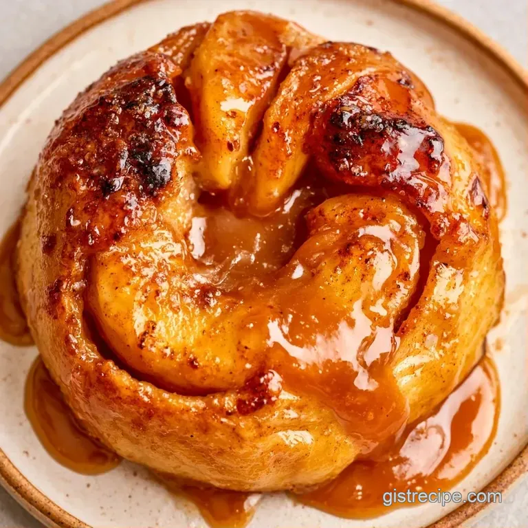 A baked red apple served on a white platter with a drizzle of amber syrup and a dollop of creamy vanilla ice cream.