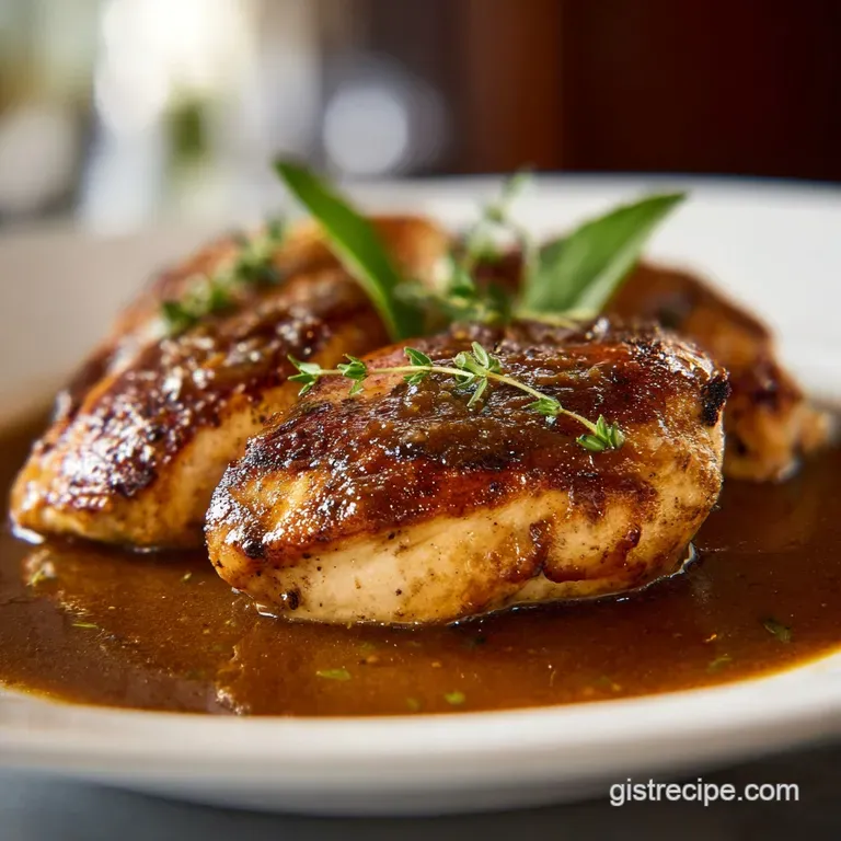 Tender chicken fillets topped with earthy mushrooms in a dark savory glaze and fresh parsley on a white ceramic plate.