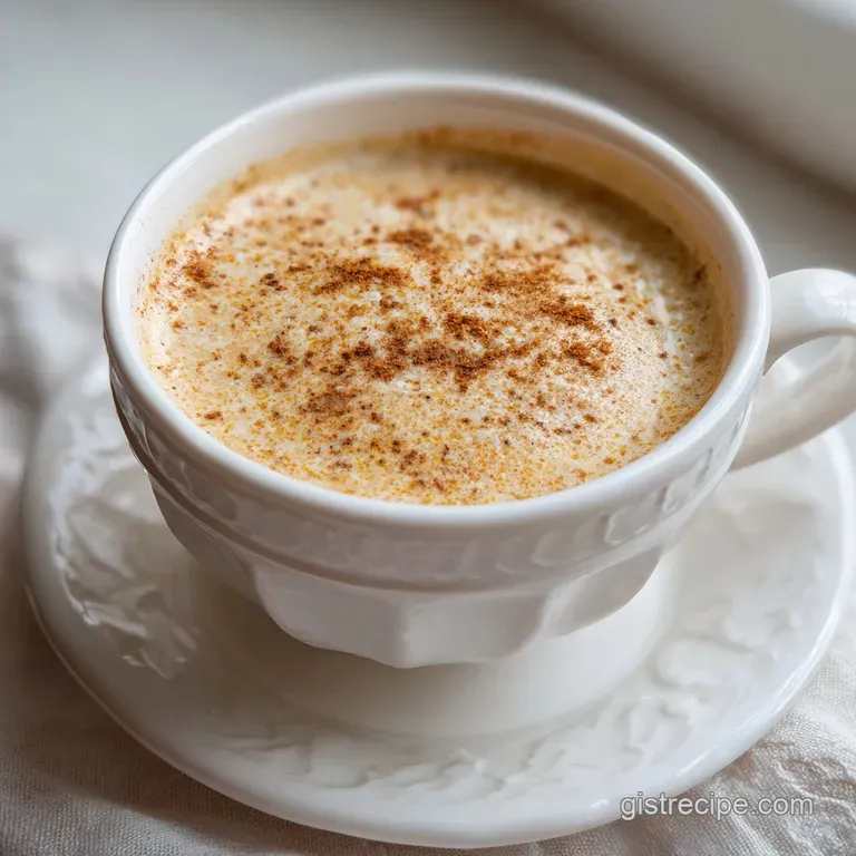 Steaming chai coconut milk poured into a delicate cup, dusted with spice. Cozy, inviting beverage with a frothy top.