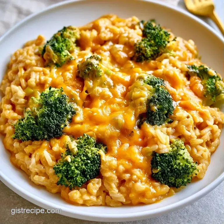Elegantly plated creamy rice with vibrant broccoli florets and a golden cheese crust in a shallow white bowl.
