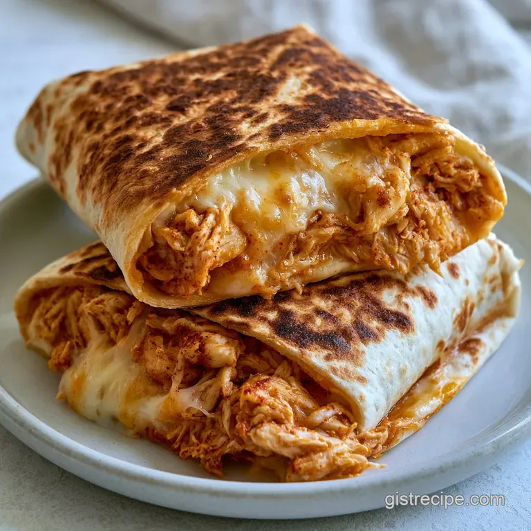 Two golden-brown toasted wraps sliced diagonally on a white plate with a side of creamy dipping sauce and herbs.