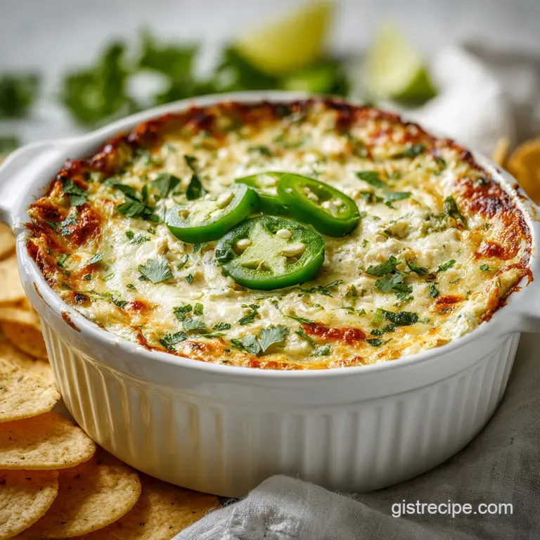 Creamy artichoke dip oozing from a rustic bowl, garnished with sliced jalape&ntilde;os and served with toasted bread rounds.