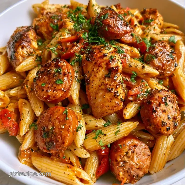 Twirled pasta coated in a smooth cream sauce, topped with browned sausage and a sprinkle of fresh green parsley.