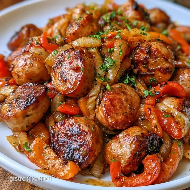 Browned sausage coins and vibrant sliced peppers piled high on a white ceramic plate with a garnish of fresh parsley.