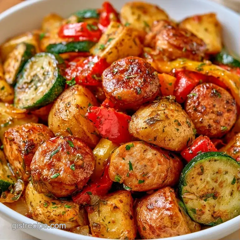 A neatly plated serving of seared sausage rounds and colorful medley of peppers and zucchini on a white ceramic plate.