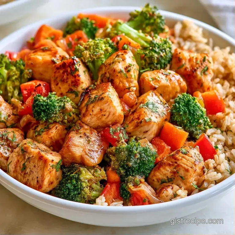 Saut&eacute;ed chicken breast and rainbow vegetables arranged neatly over a bed of grains in a modern white ceramic bowl