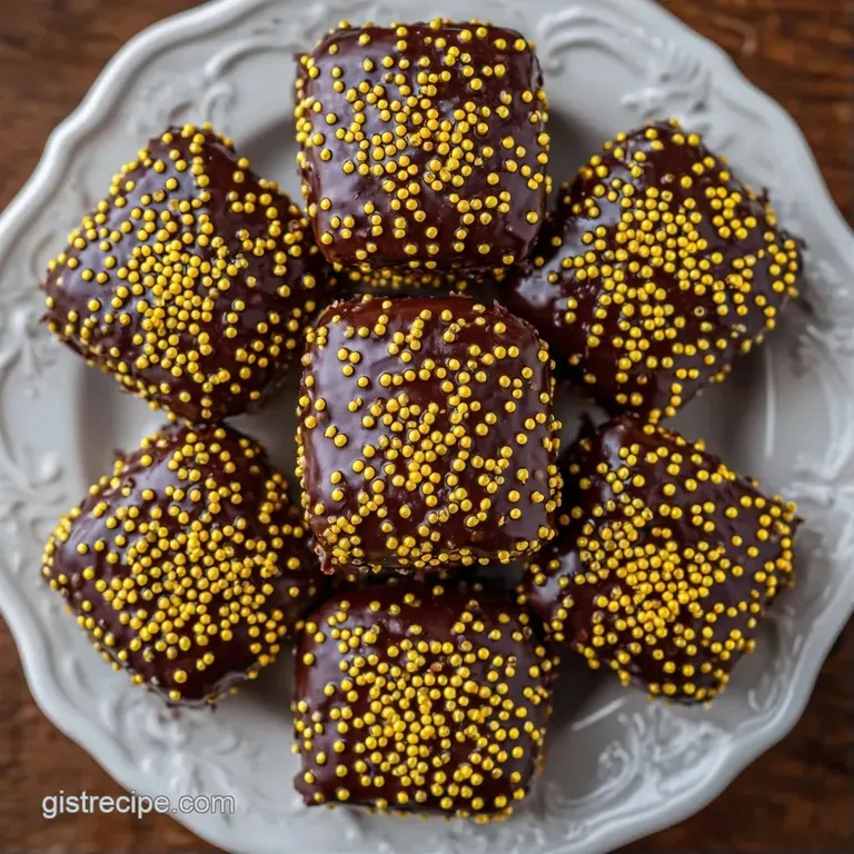 Array of glossy chocolate squares with colorful icing tassels arranged neatly on a slate grey serving board.