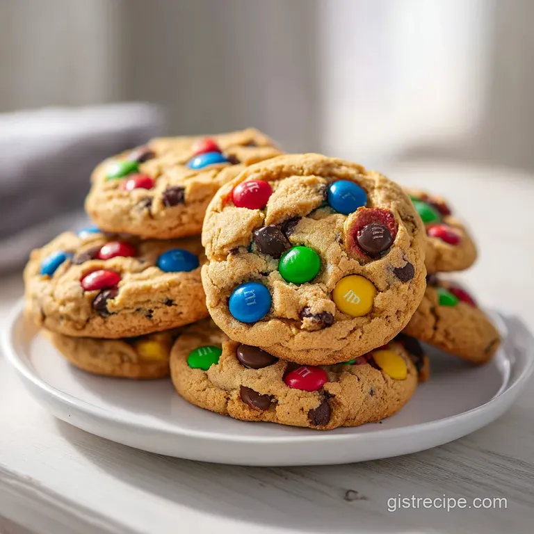 A white ceramic platter piled high with colorful, chunky cookies accented by a festive red ribbon and greenery.