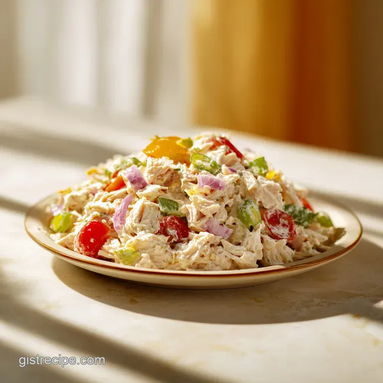 A perfectly formed scoop of chicken salad adorned with bright red grapes and a sprinkle of chopped chives.