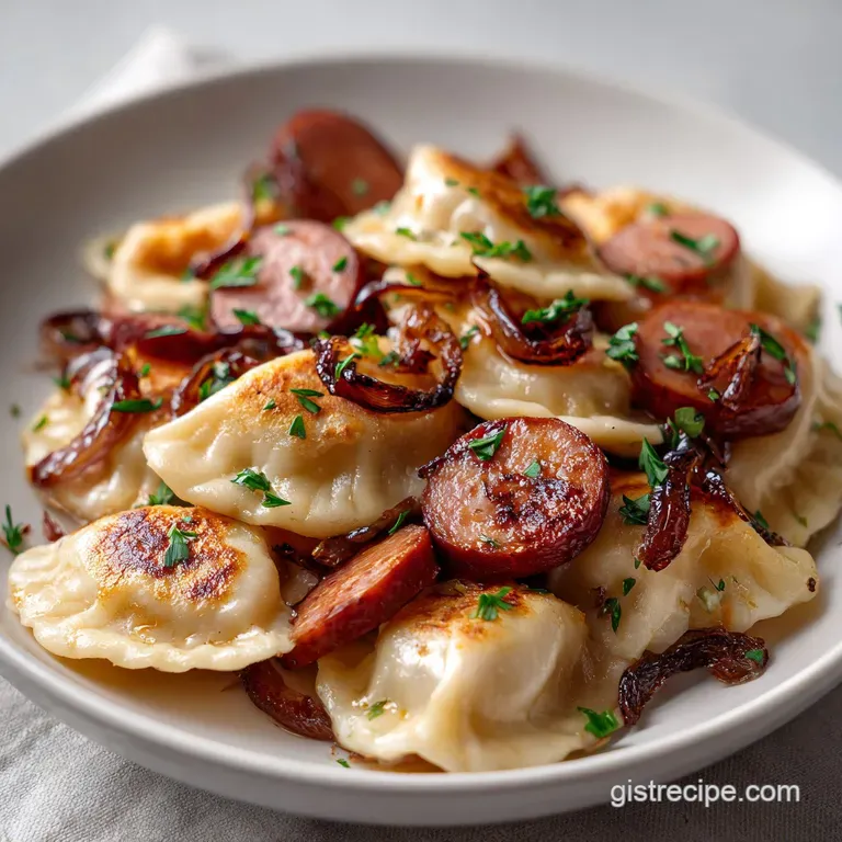 Seared golden dumplings and browned sausage coins arranged on a white plate with a dollop of thick sour cream.