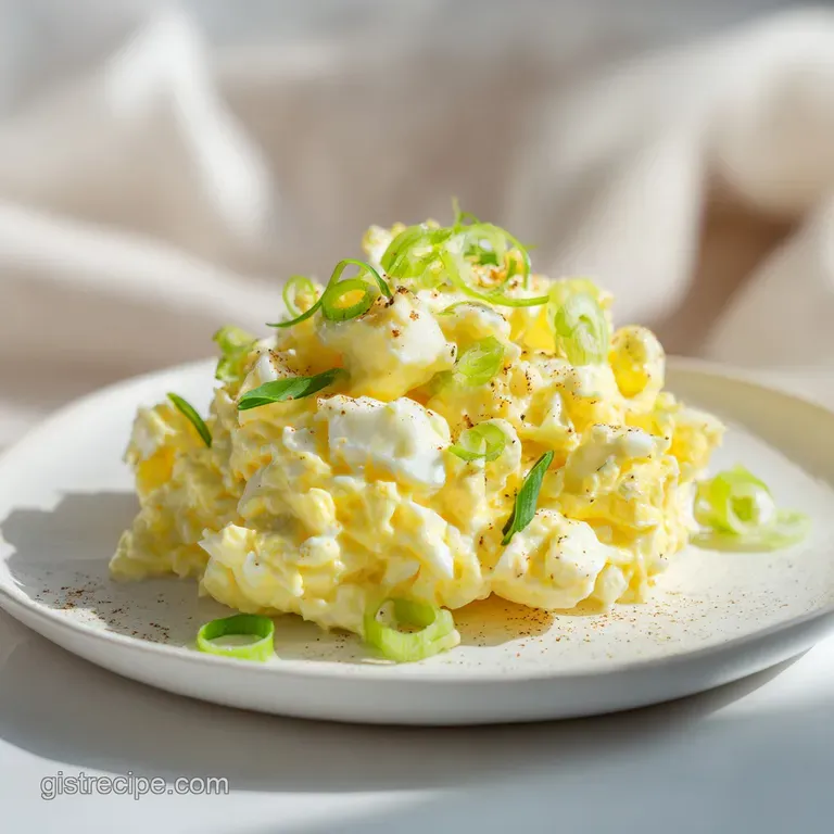 A delicate scoop of fluffy egg salad sits atop a crisp lettuce leaf, vibrant green herbs sprinkled as a garnish.