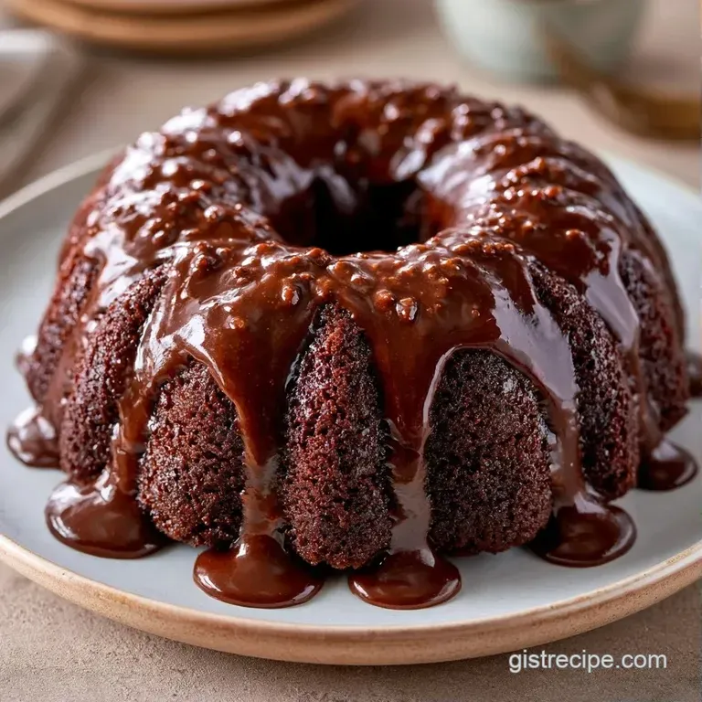 Elegant slice of dark cake on a white plate, topped with a shimmering brown glaze and a single mint leaf.