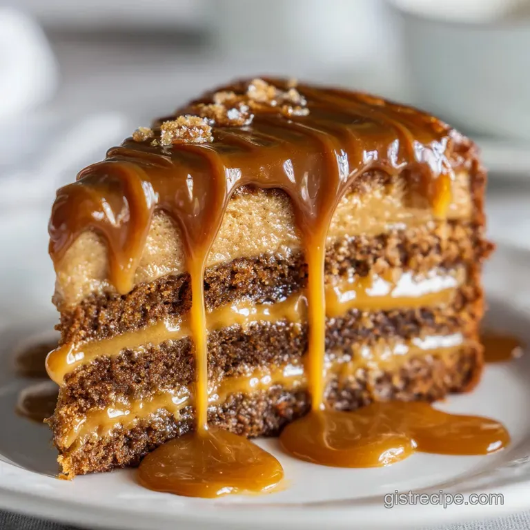 Slice of layered caramel cake on white plate. Caramel drizzle and coffee beans. Soft light catches the cake's moist crumb.