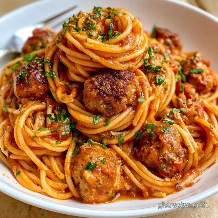 Twirled pasta nests topped with browned meatballs and a sprinkle of fresh green herbs on a clean white plate.