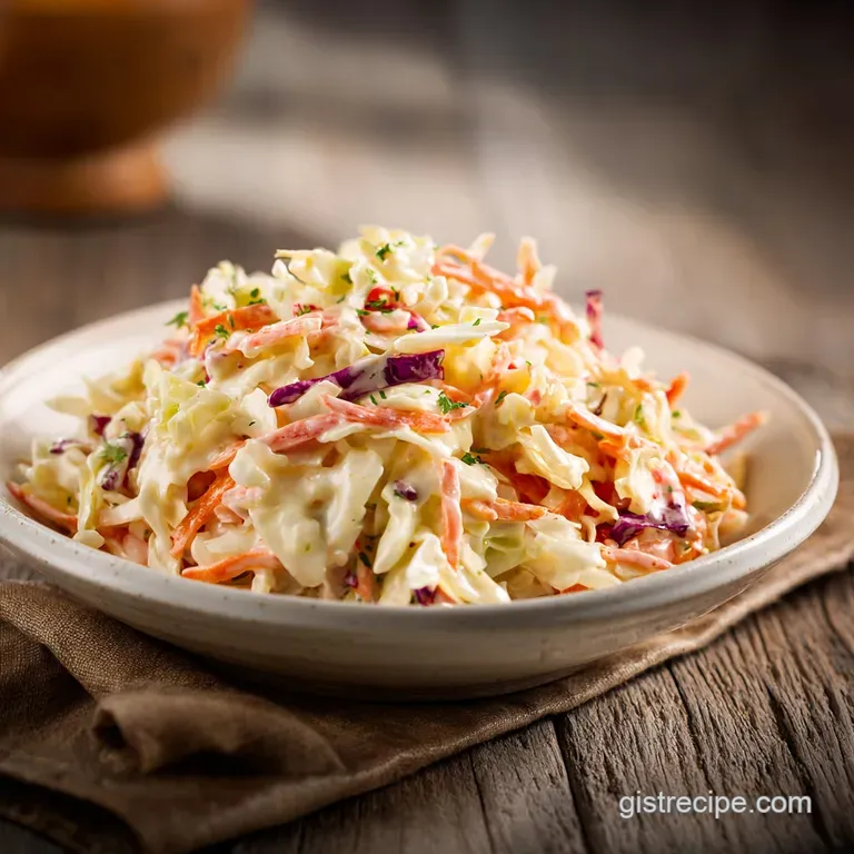 Individual portion of creamy coleslaw in a small bowl. Finely shredded cabbage glistens; hints of carrot add color.