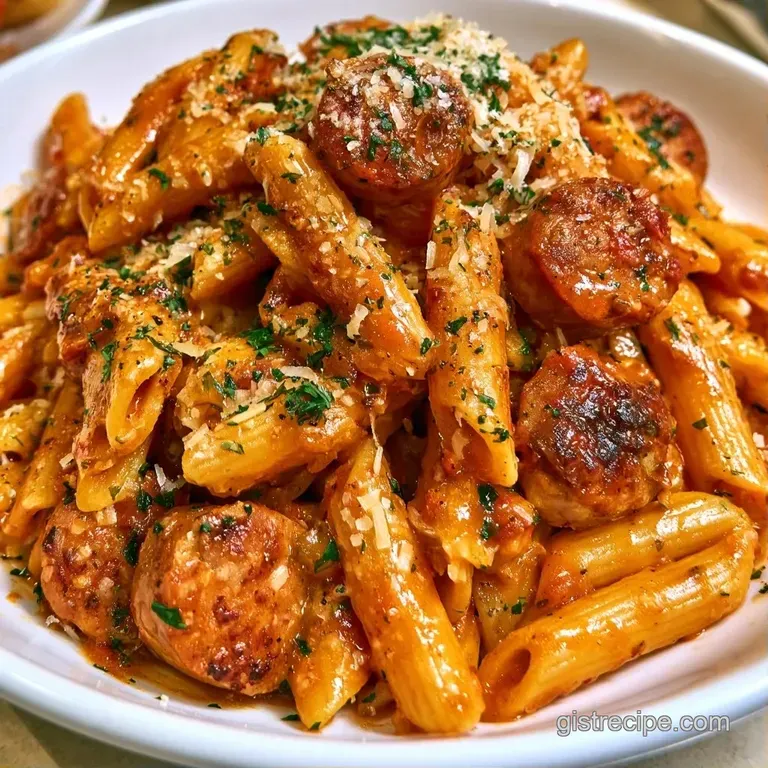 Al dente pasta tossed in a glossy cream sauce with seared sausage rounds and a dusting of white parmesan cheese.