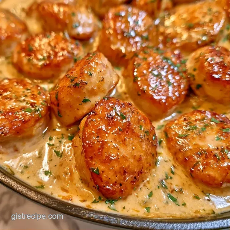 A ceramic bowl filled with juicy browned sausage and greens swimming in a glossy, thick cream sauce with herbs.