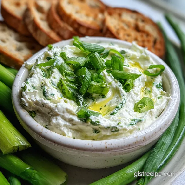 Elegant dip served in a glass bowl, bright green onions scattered on top. Crackers fan out around the bowl on a wooden bo...