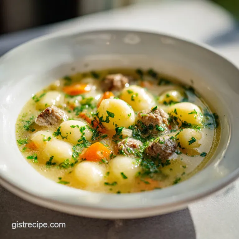 A steaming bowl of creamy soup with plump dumplings, garnished with fresh parsley, sits on a rustic wooden table setting.