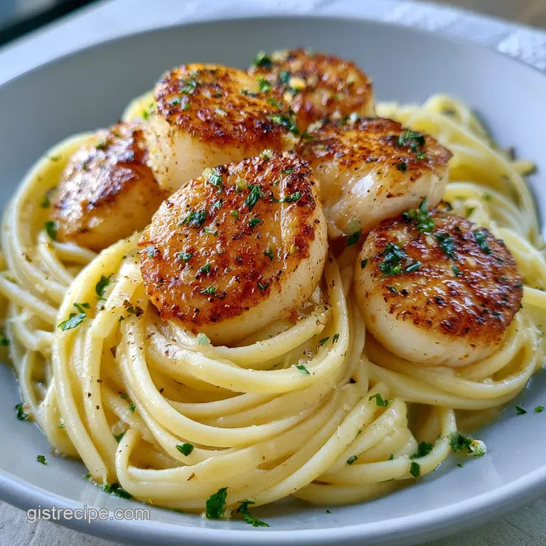 Elegantly swirled pasta in a white ceramic bowl topped with caramelized scallops and a light dusting of parmesan.