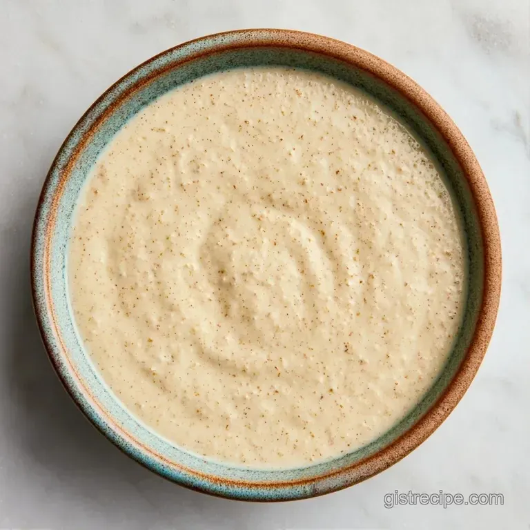A minimalist white bowl featuring colorful grains, sliced avocado, and a drizzle of creamy golden sauce.