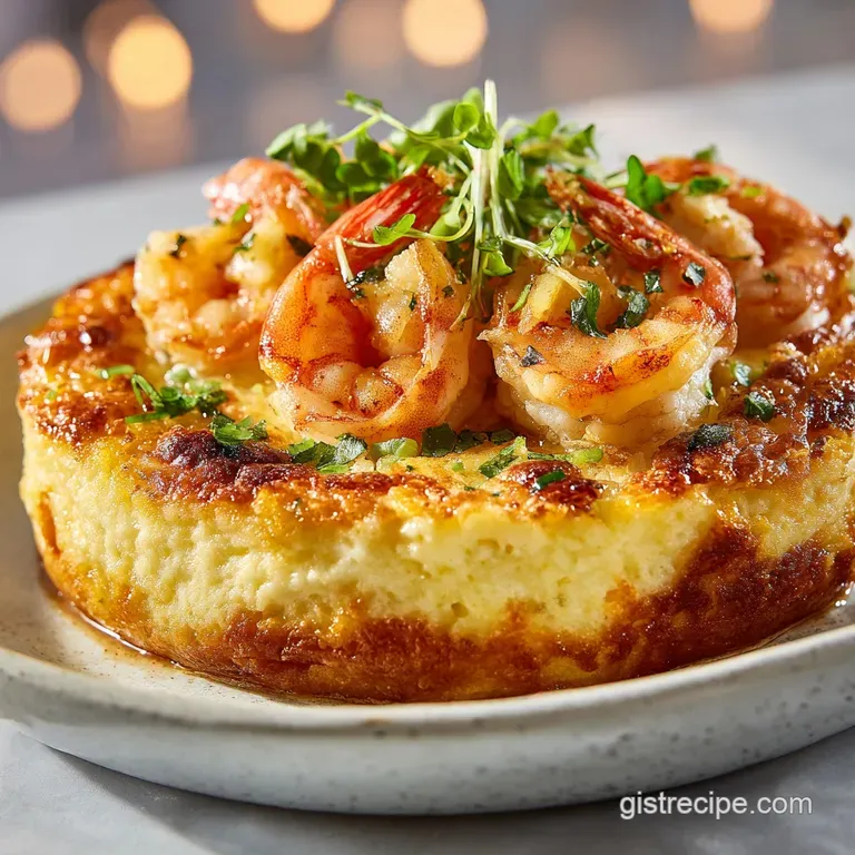 Elegant portion of creamy seafood with a toasted cheese topping on a slate platter beside a fresh lemon wedge.