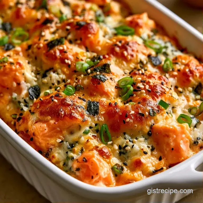 Creamy orange-hued seafood rice served in a ceramic dish, topped with sliced green onions and dark furikake seeds.