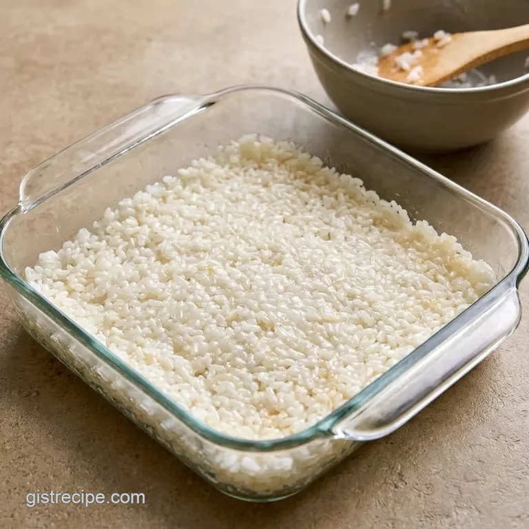 A flat layer of cooked white sushi rice pressed into a square glass baking dish.
