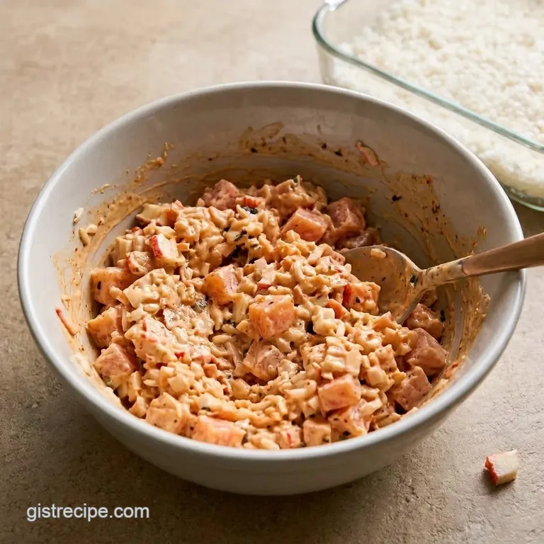 Chopped salmon and imitation crab mixed with spicy mayonnaise in a white bowl.