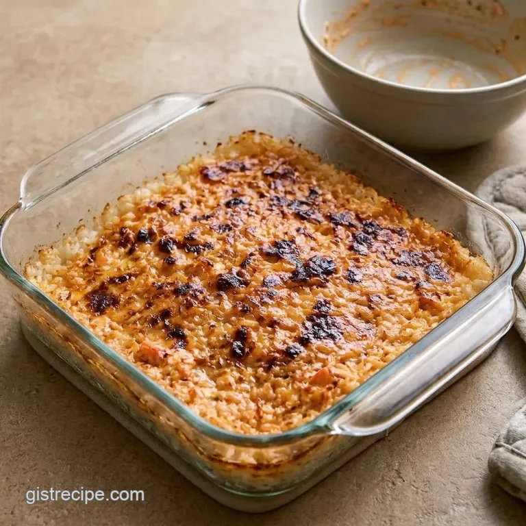 A sushi bake with a golden brown broiled top in a square baking dish.