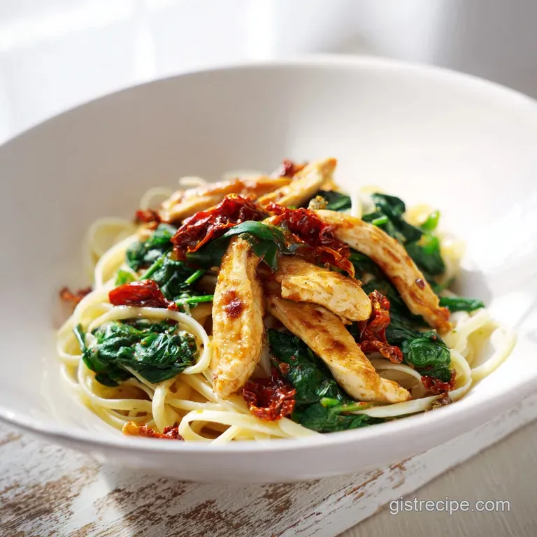 Elegant white plate of creamy pasta with golden chicken, colorful vegetables, and a dusting of aged parmesan cheese.