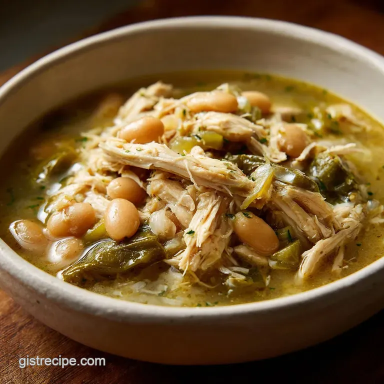 A white ceramic bowl of thick stew topped with a dollop of sour cream, shredded cheese, and a fresh lime wedge.