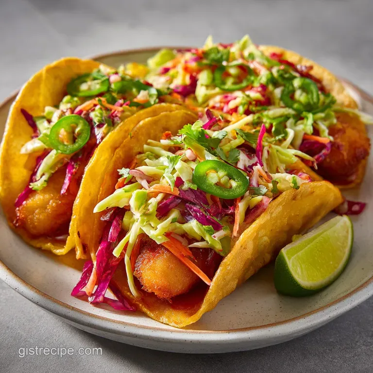 Neatly arranged crispy fish tacos with zesty lime wedges and fresh cilantro sprigs on a minimalist white ceramic plate.