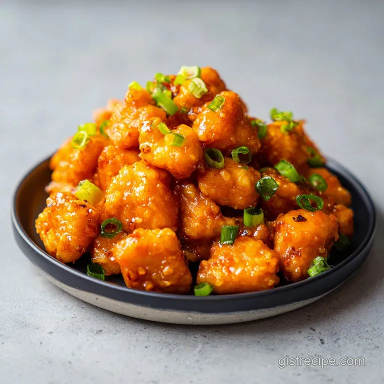 Vibrant orange chicken bites resting on steamed jasmine rice in a modern bowl, garnished with bright green herbs.