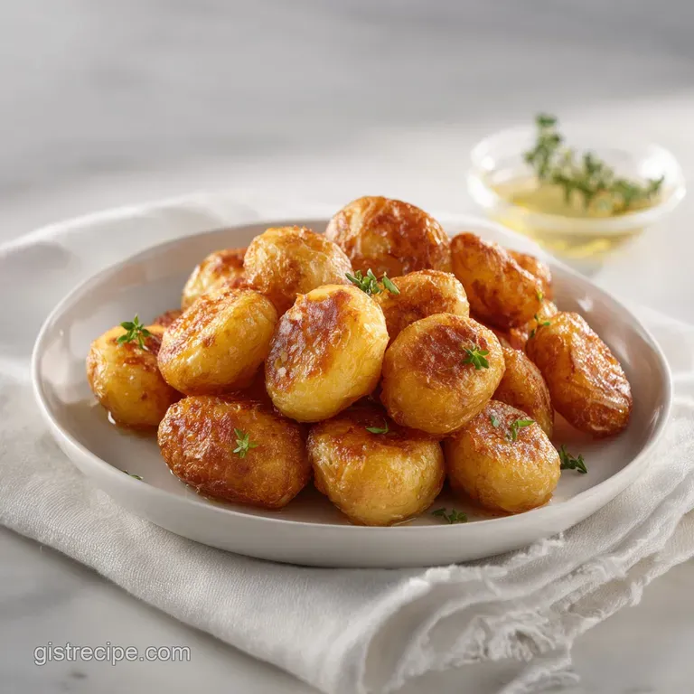 Crispy roasted mini potatoes glistening in olive oil, artfully arranged on a white ceramic plate.