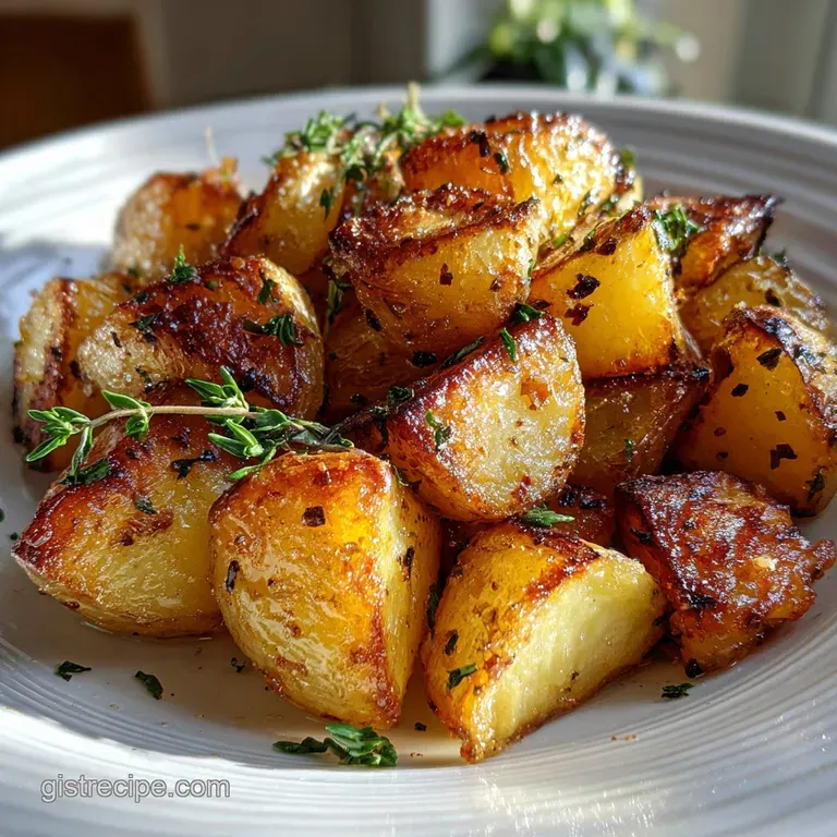Perfectly crisp roasted potatoes artfully arranged on a white plate, steam rising, inviting you to taste the warmth and te...