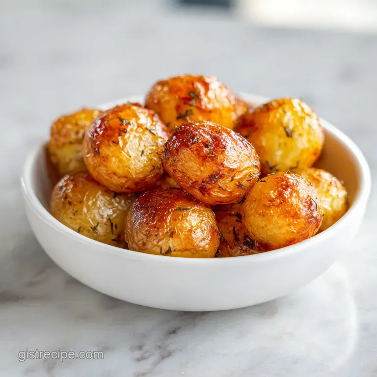 A rustic wooden bowl overflowing with perfectly roasted small potatoes, lightly seasoned.