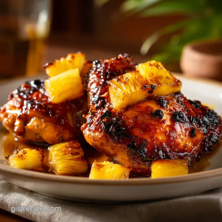 Shredded glazed chicken topped with charred pineapple rings and fresh scallions on a minimalist white porcelain plate.