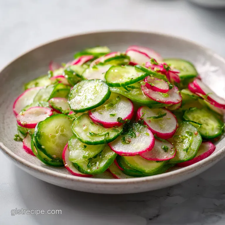 Delicate cucumber radish salad in a glass bowl, ribbons of pale green and red, drizzled with a smooth, white yogurt dressing.