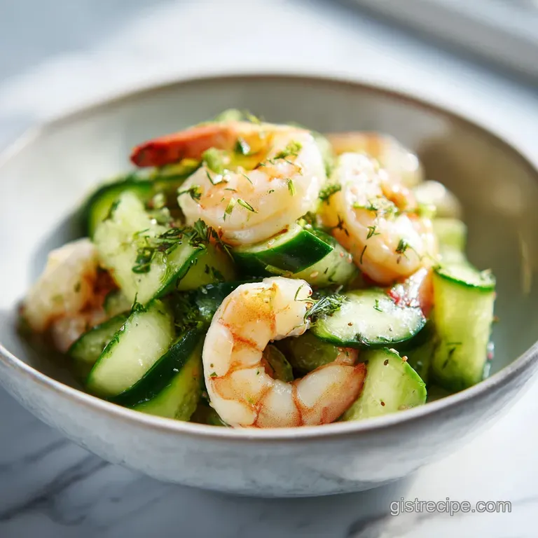 A scoop of chilled cucumber shrimp salad on a crisp lettuce leaf, garnished with dill and a juicy tomato slice.