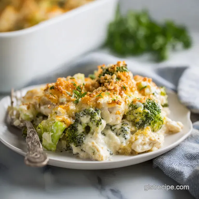 Creamy chicken and broccoli casserole plated; toasted cashew pieces garnish the golden, bubbly top for added texture and n...