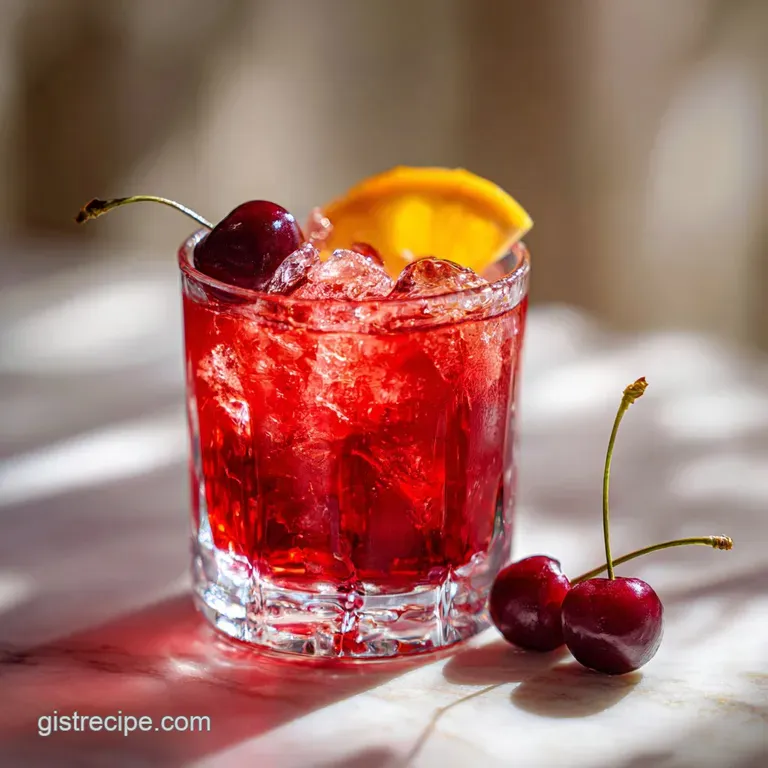 Inviting cocktail in a stemmed glass, showcasing its layered red hue. Bubbles rise, suggesting a refreshing, fizzy texture.