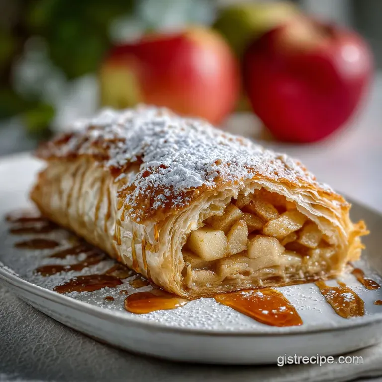 Slice of warm apple strudel on a white plate, dusted with powdered sugar. Steaming slightly, served with a scoop of vanill...