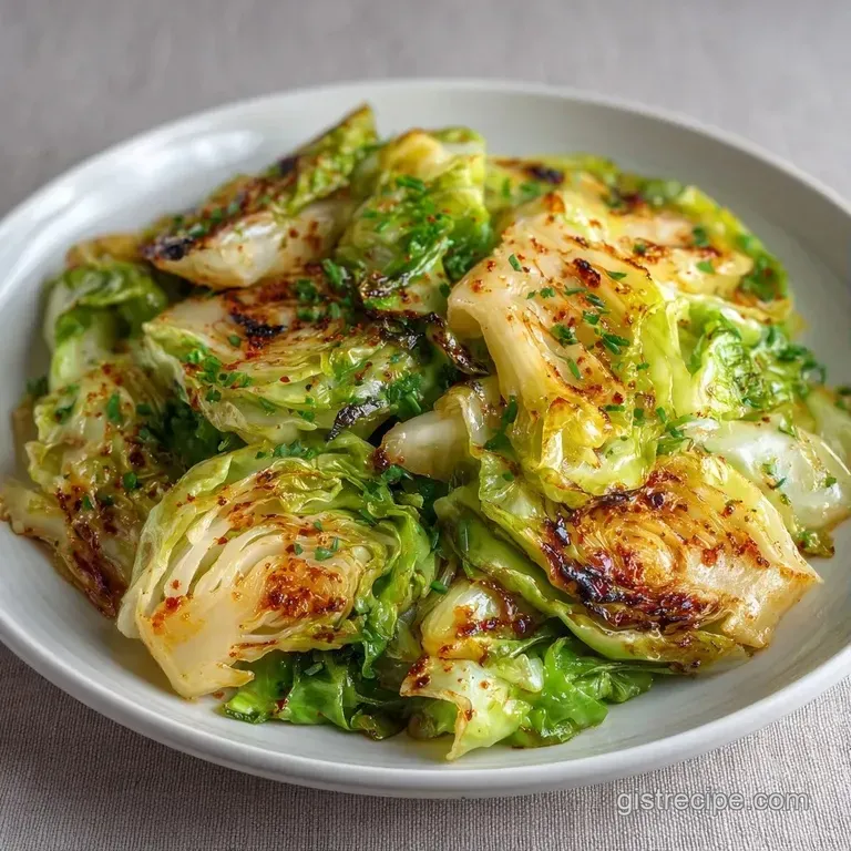Thick roasted cabbage slices on a white ceramic plate, drizzled with golden brown butter and cracked pepper.