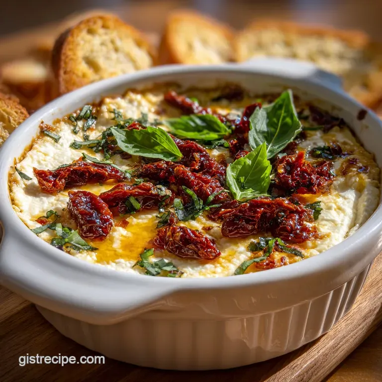 Creamy baked goat cheese oozing from a ramekin, adorned with blistered tomatoes and fresh basil, served with toasted bague...