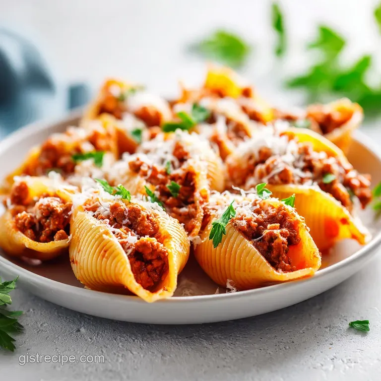 A serving of tender, baked pasta shells glistening with sauce, topped with fresh parsley, artfully plated.