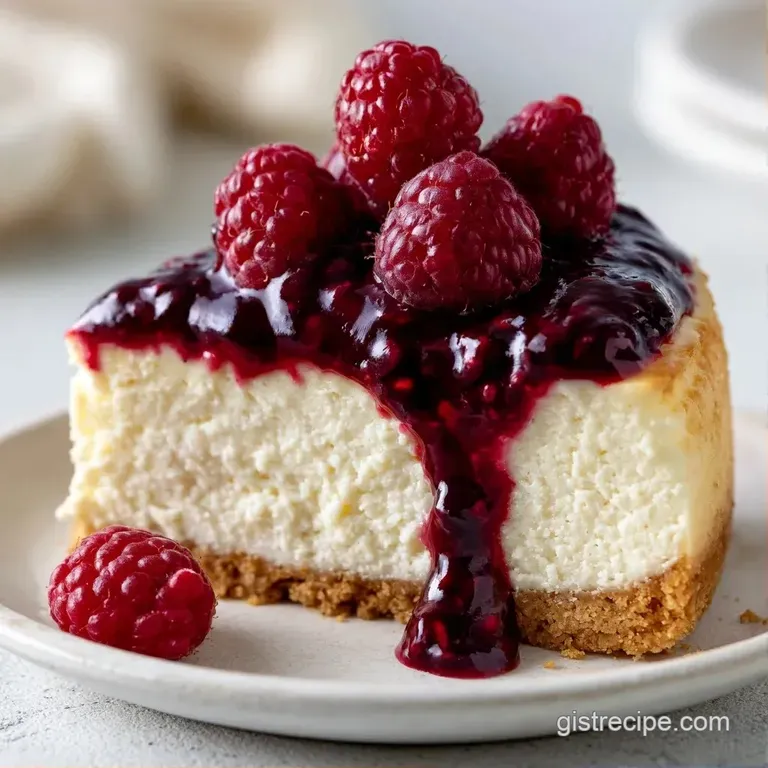 Elegant slice of velvety cheesecake on a white plate, topped with glossy purple berry coulis and fresh mint.