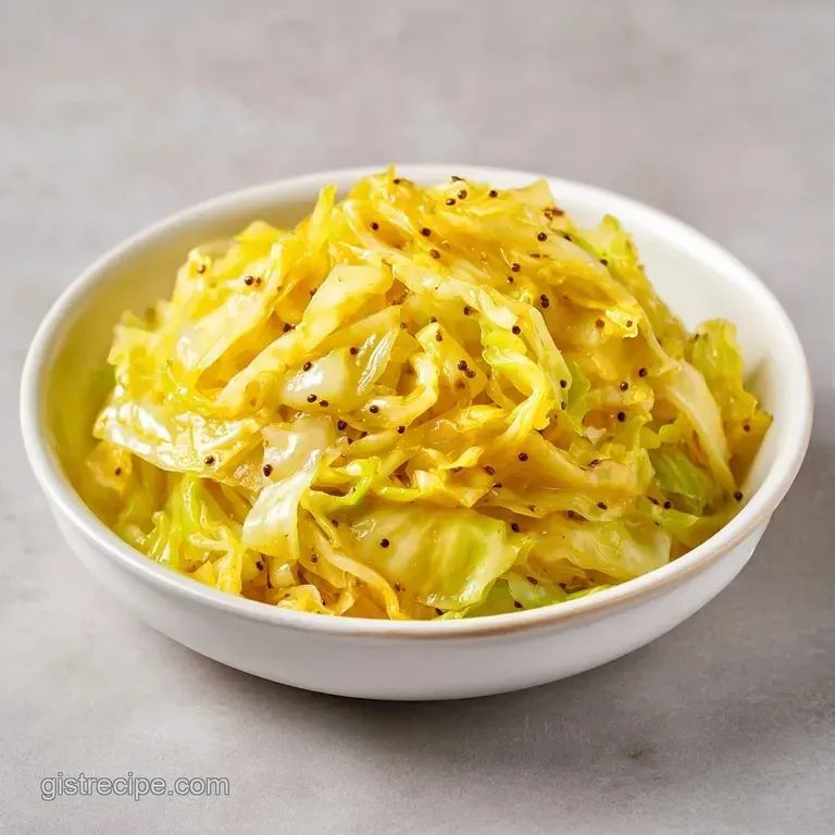 Vibrant yellow cabbage curry in a white bowl, topped with fresh green herbs beside a mound of steaming white jasmine rice.