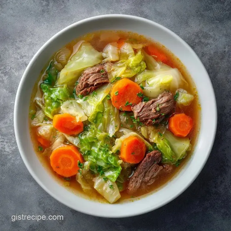 Rustic white bowl of savory beef and cabbage soup garnished with parsley, set on a wooden table with a side of bread.