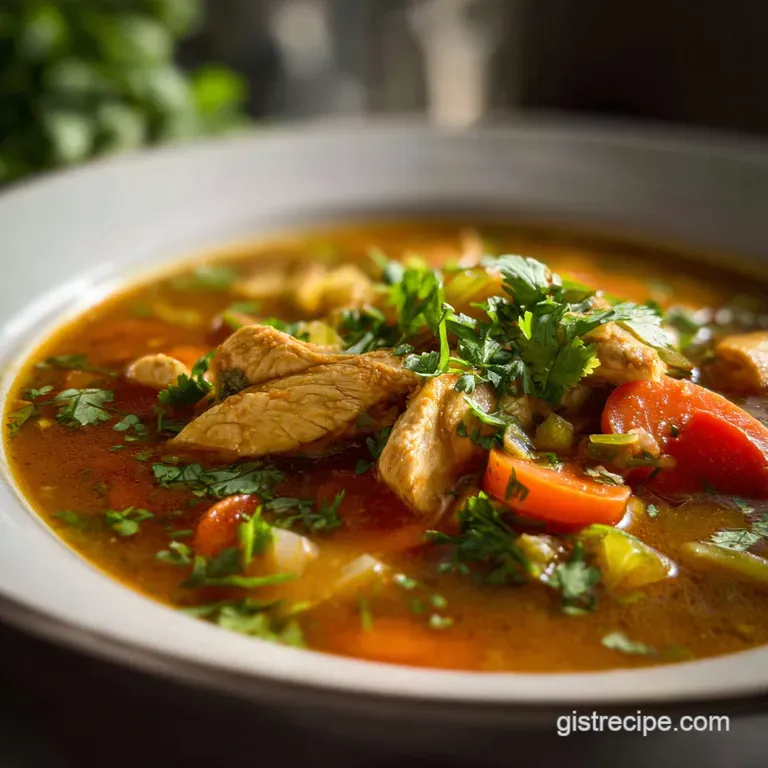 Creamy chicken curry soup in a white bowl, topped with herbs and chili oil, alongside crusty bread. Warm and inviting.